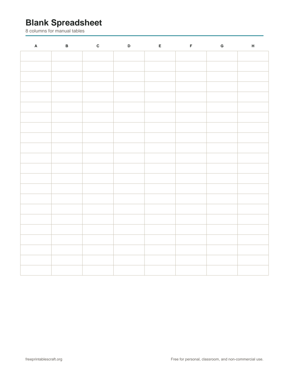 Preview of the blank spreadsheet printable PDF