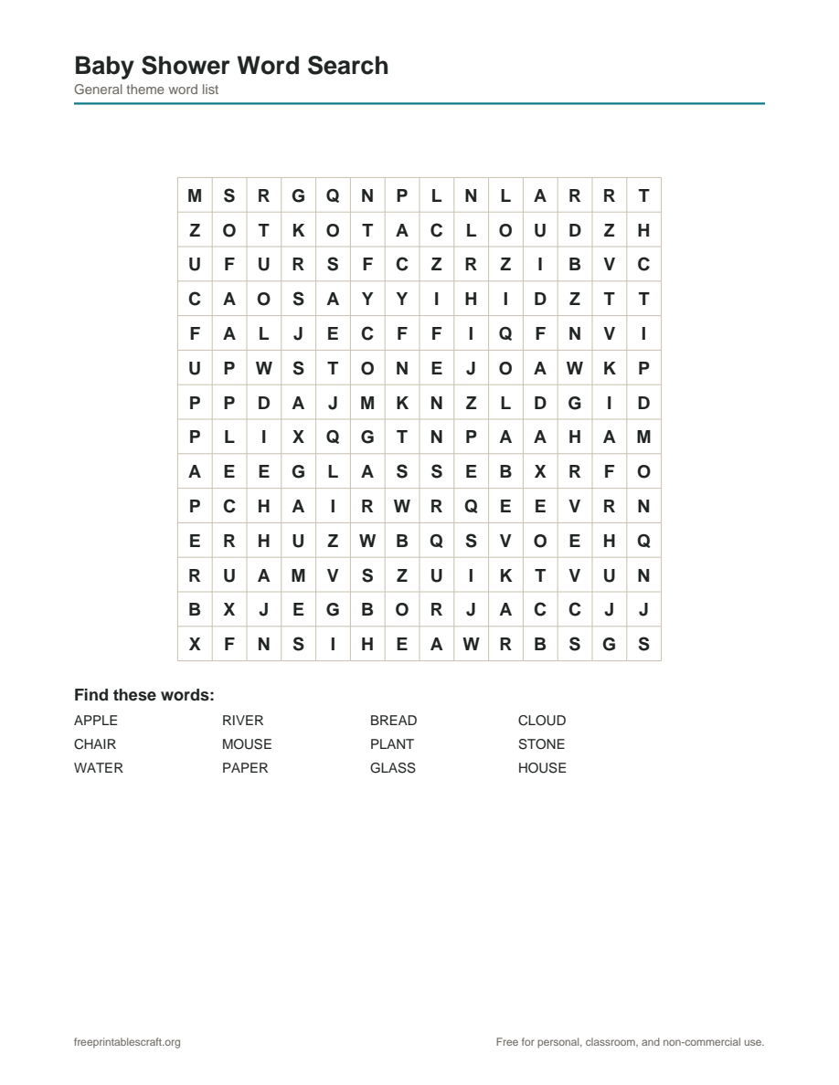 Preview of the baby shower word search printable PDF