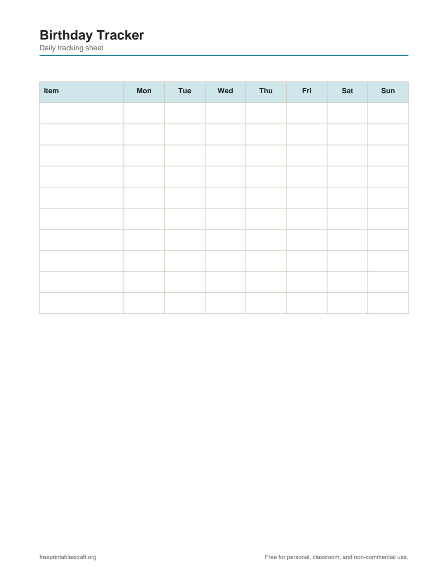 Preview of the birthday tracker printable PDF