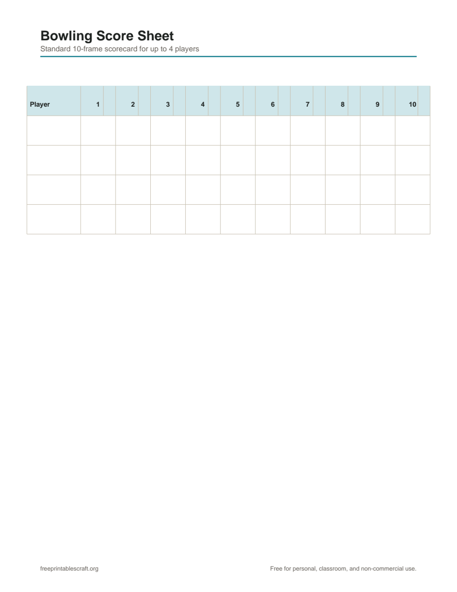 Preview of the bowling score sheet printable PDF