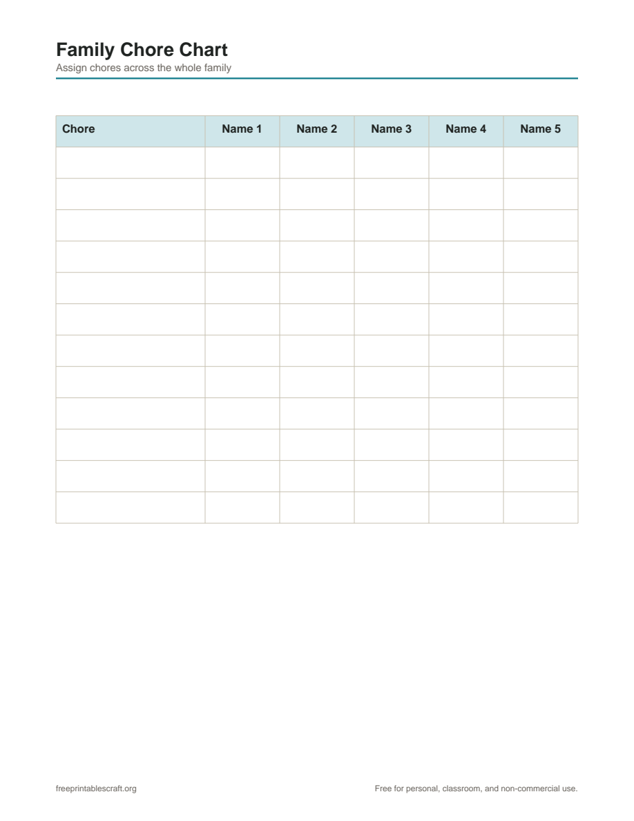 Preview of the family chore chart printable PDF