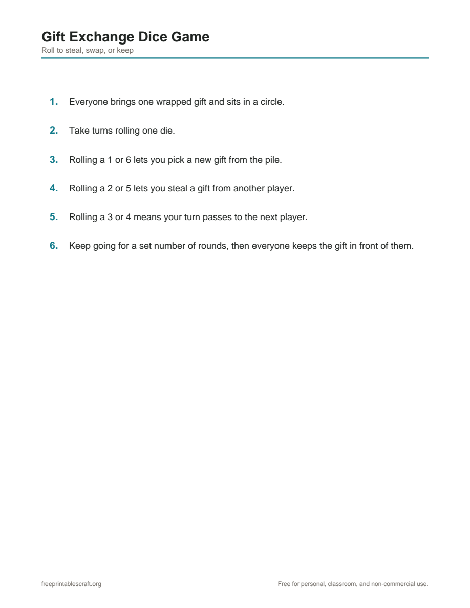 Preview of the gift exchange dice game printable PDF