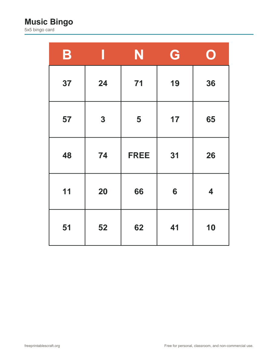 Preview of the music bingo printable PDF
