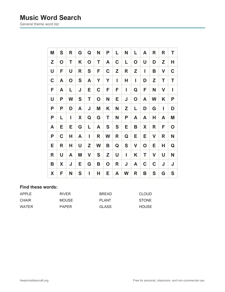 Preview of the music word search printable PDF