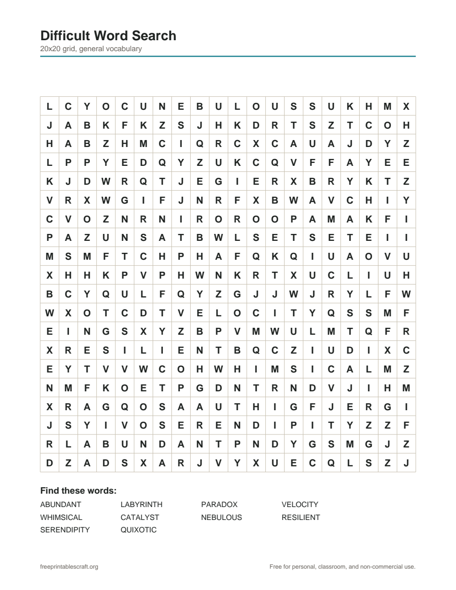 Preview of the difficult word searches printable PDF