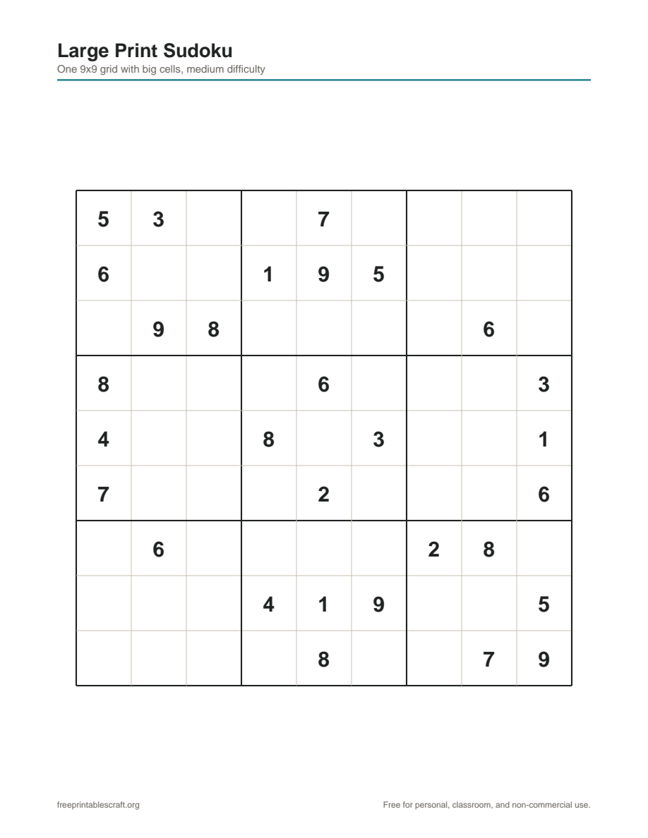 Preview of the large print sudoku printable PDF