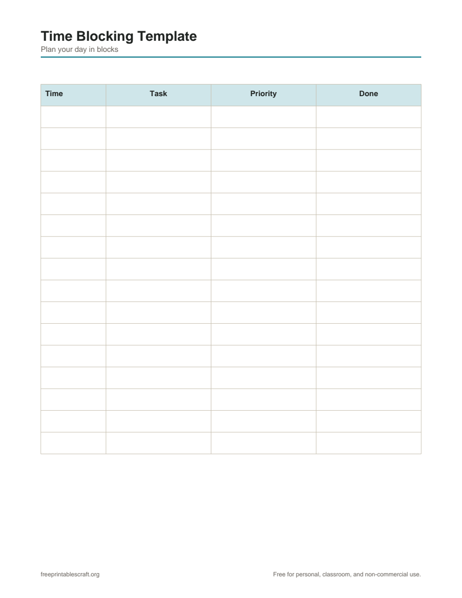 Preview of the time blocking template printable PDF