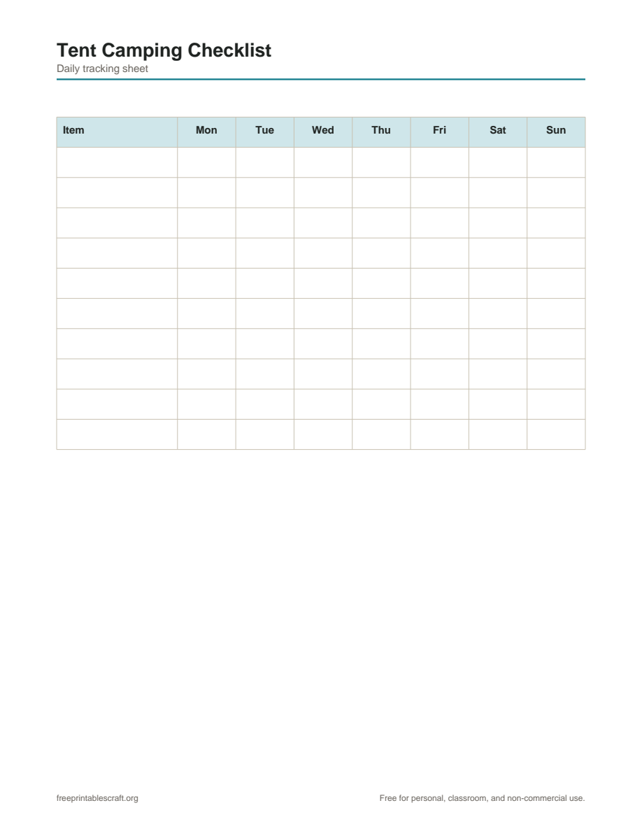 Preview of the tent camping checklist printable PDF