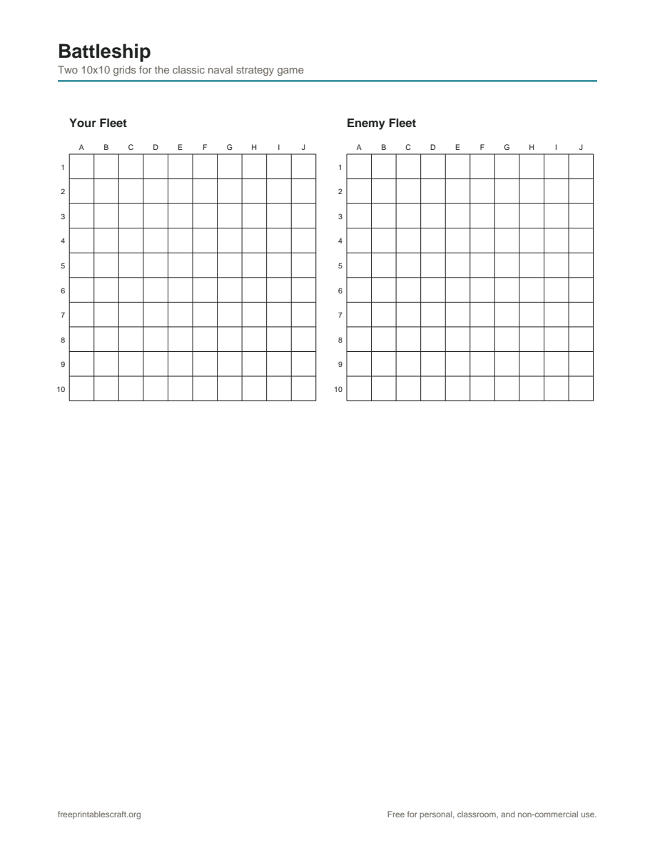 Preview of the battleship game printable PDF