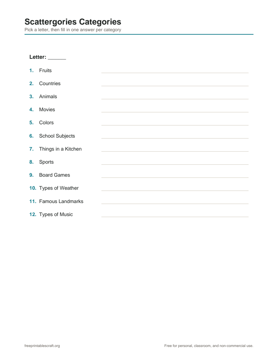 Preview of the scattergories lists printable PDF