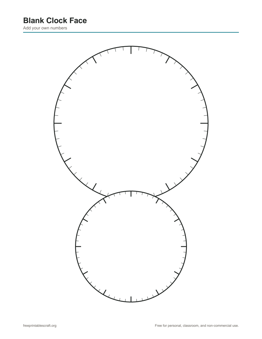 Two blank analog clock faces with tick marks but no numbers, for filling in or custom activities