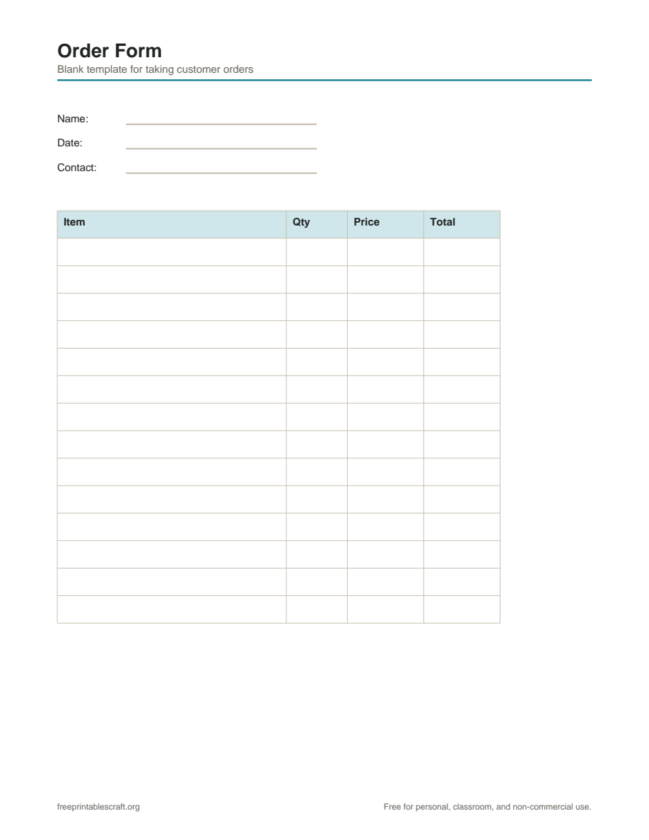 Preview of the order form printable PDF