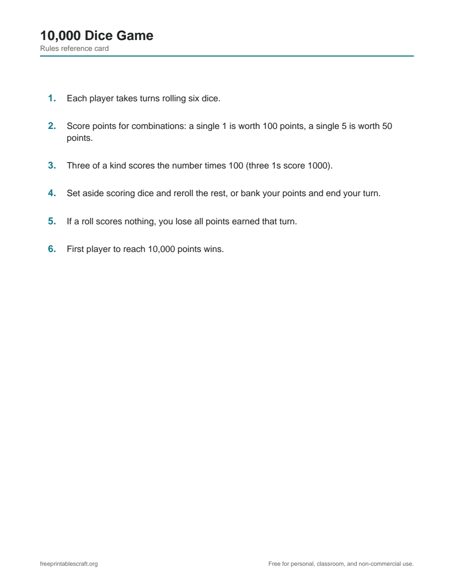 Preview of the 10000 dice game rules printable PDF