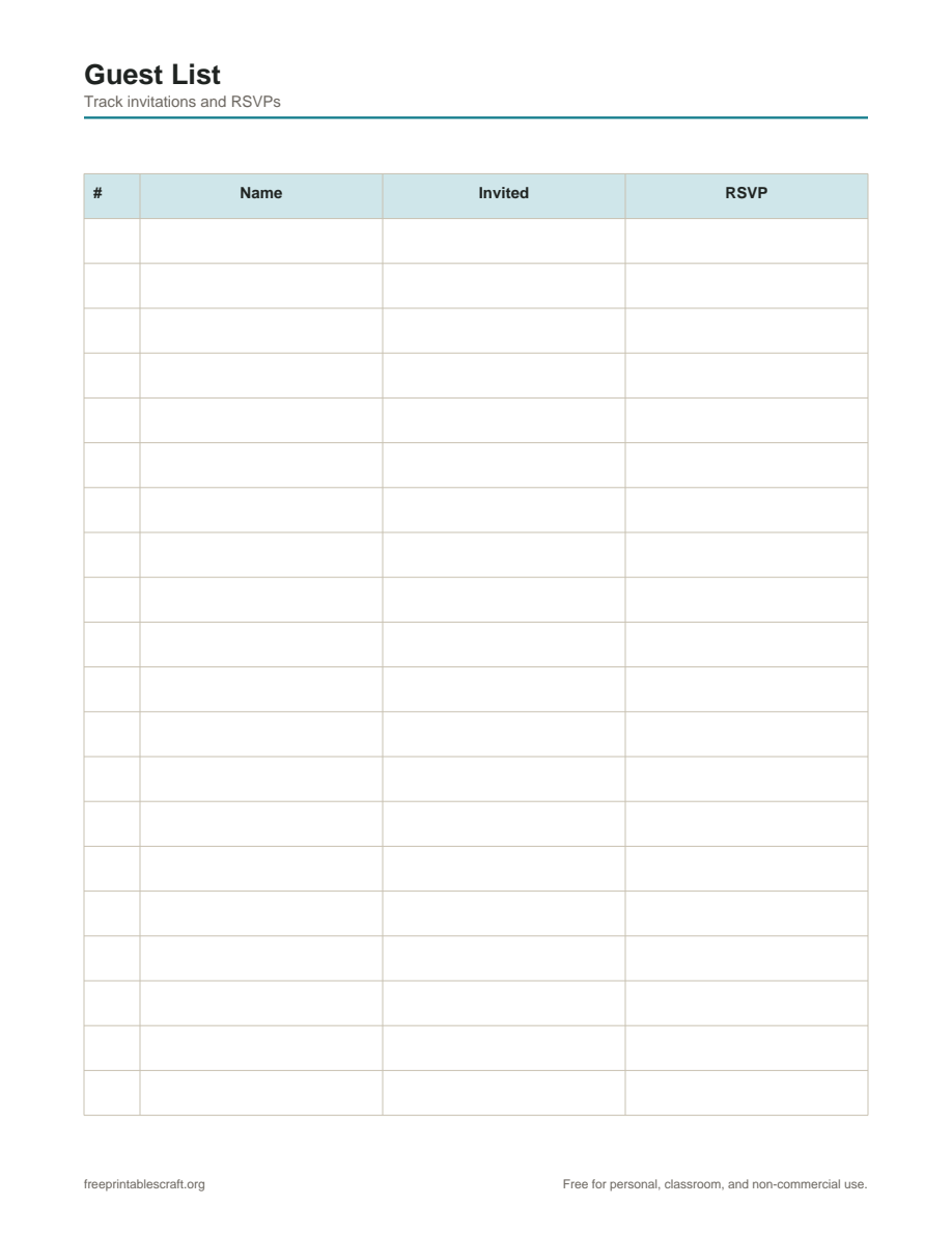 Preview of the guest list printable PDF