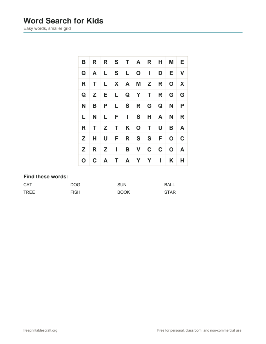 Preview of the wordsearch for kids printable PDF