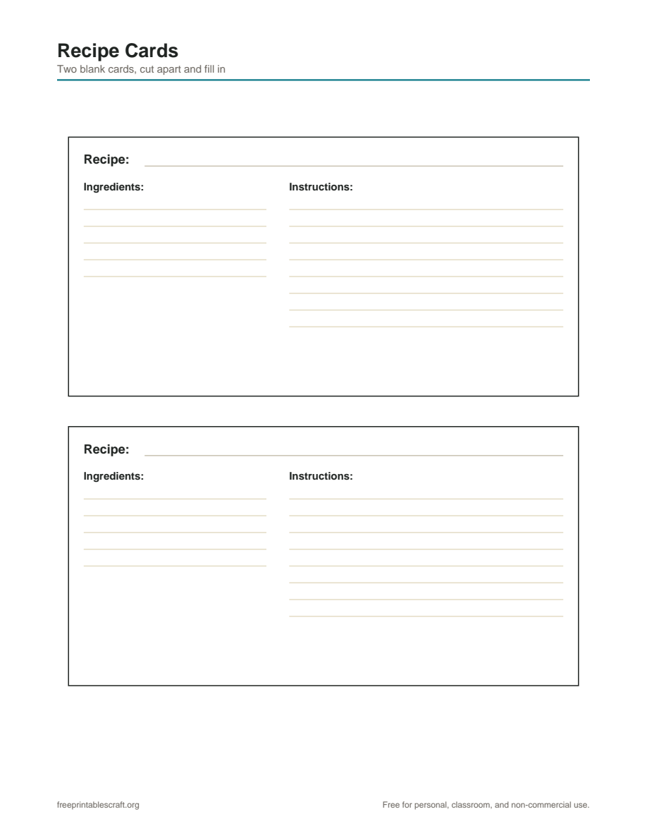 Preview of the blank recipe cards printable PDF