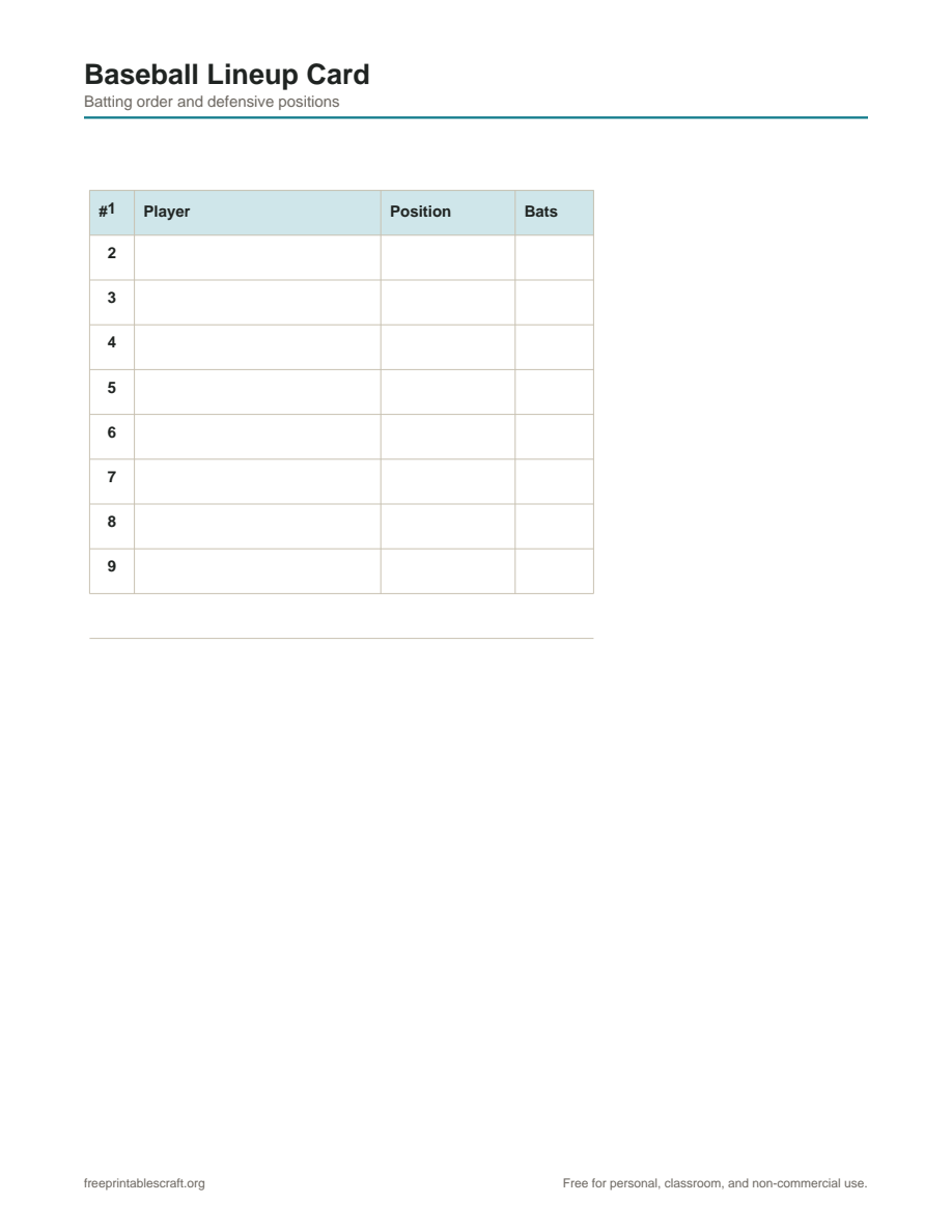 Preview of the baseball lineup card printable PDF