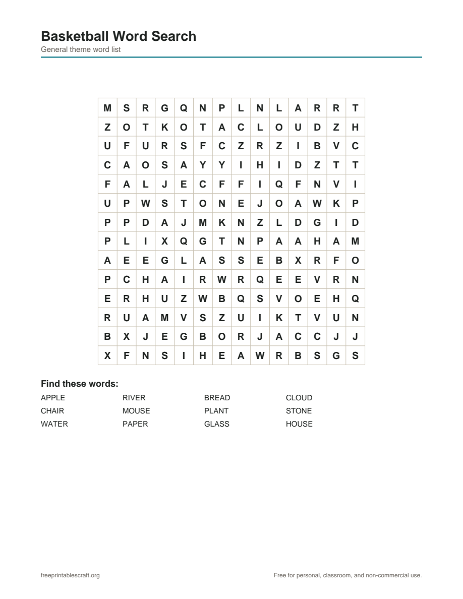 Preview of the basketball word search printable PDF