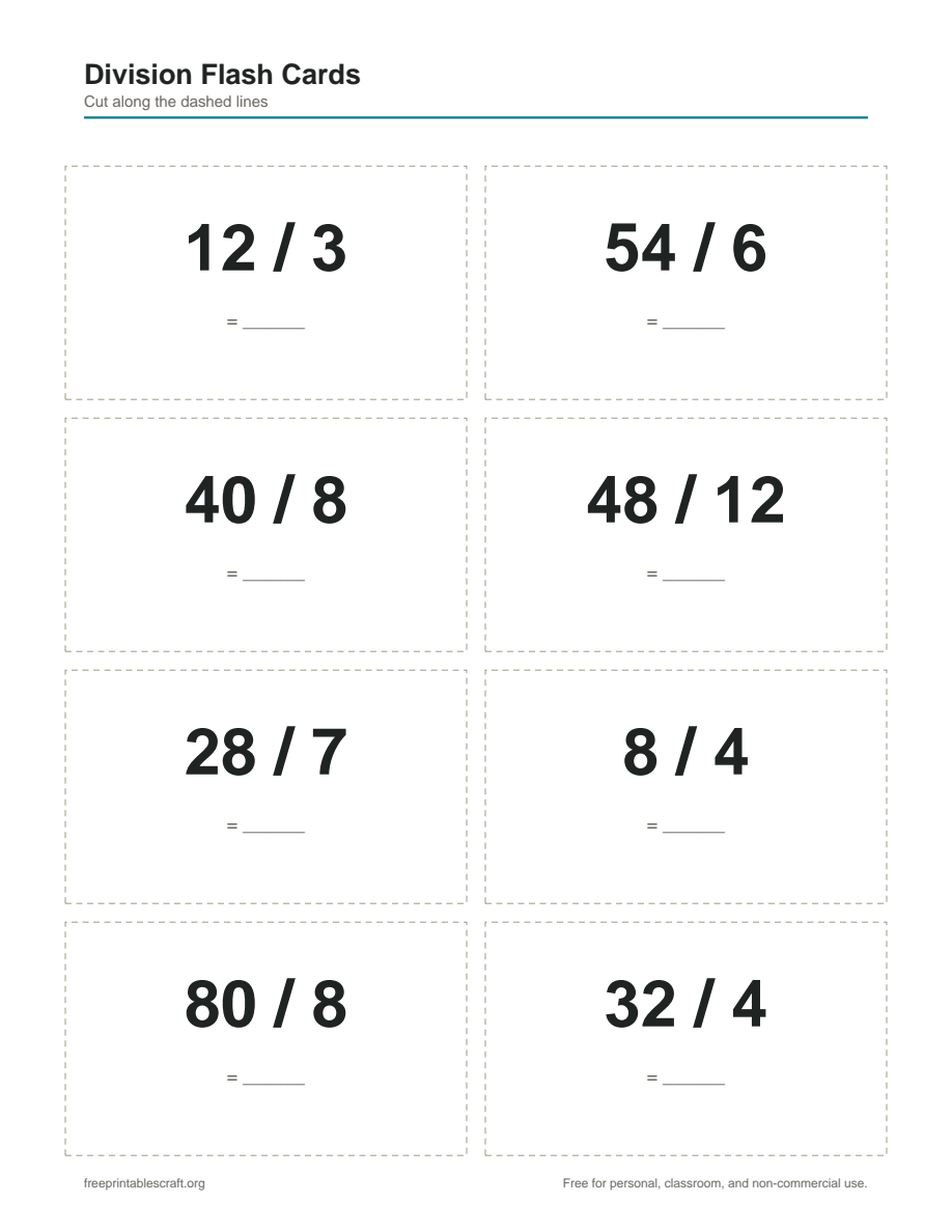Preview of the division flash cards printable PDF