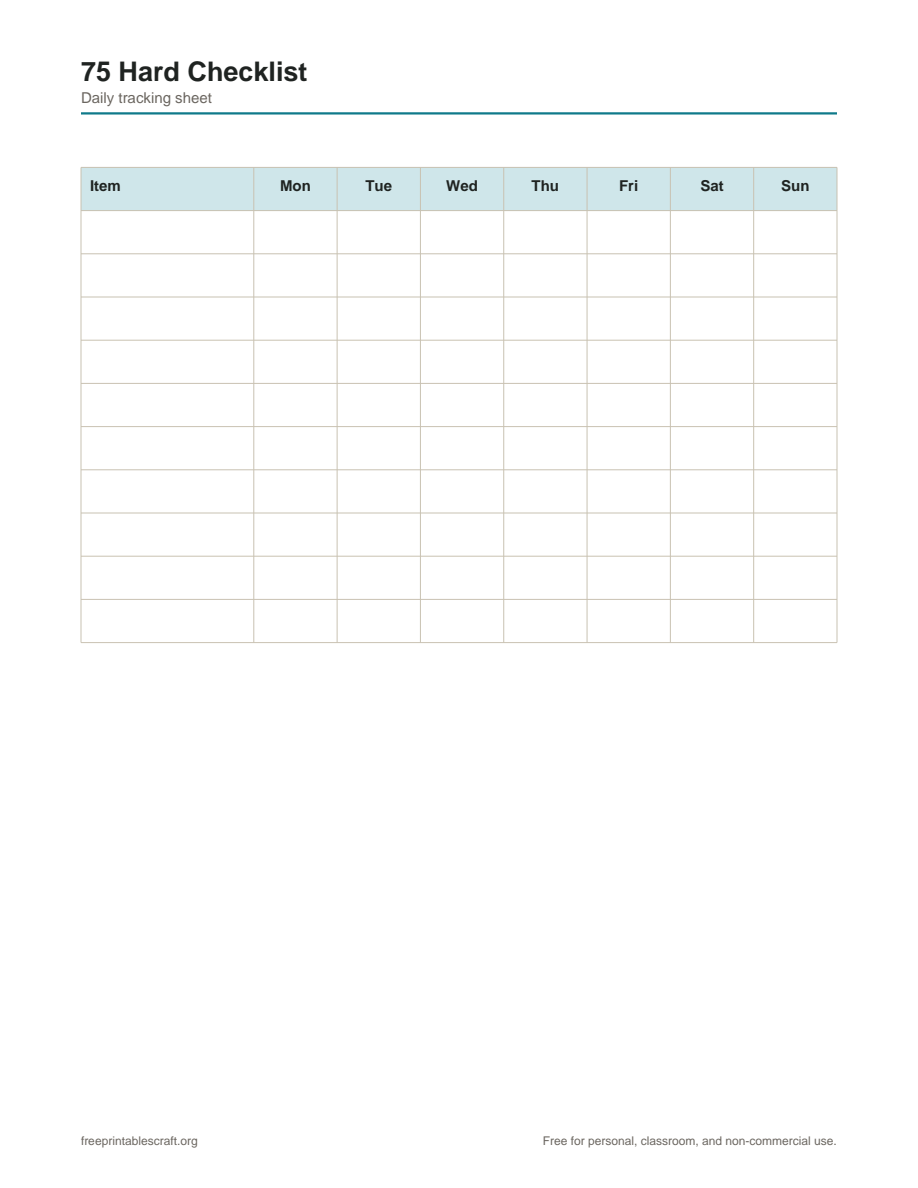 Preview of the 75 hard checklist printable PDF