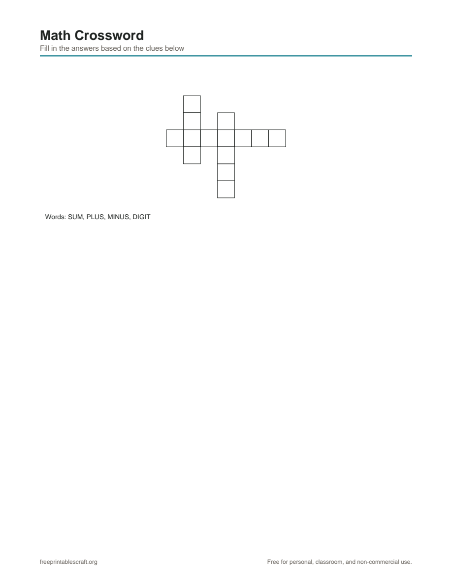 Preview of the math crossword puzzles printable PDF
