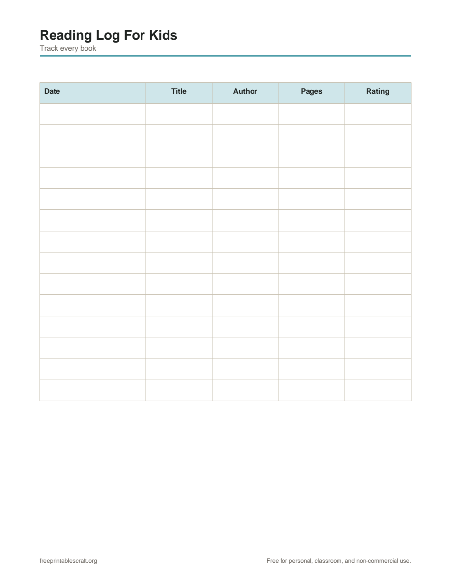 Preview of the reading log for kids printable PDF