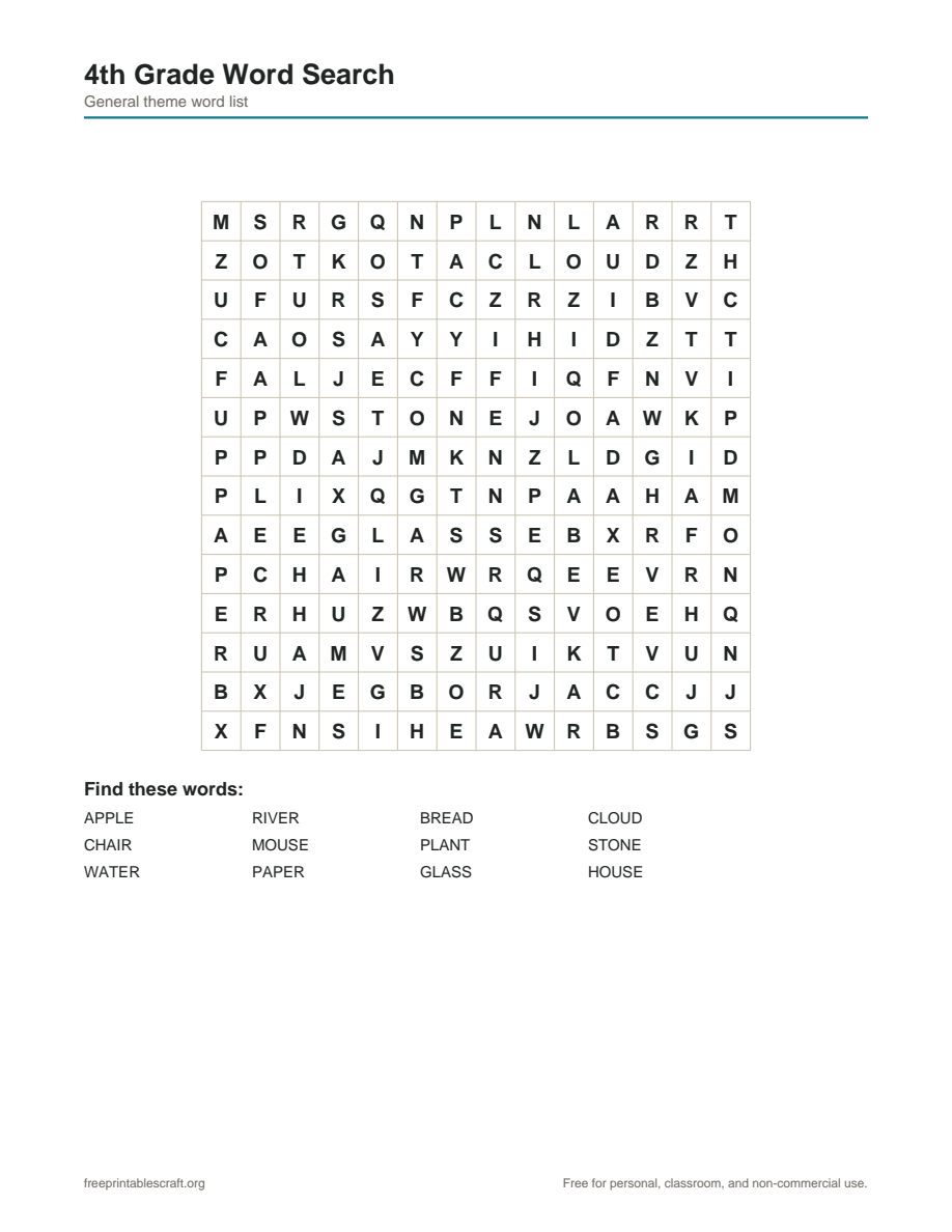 Preview of the 4th grade word search printable PDF