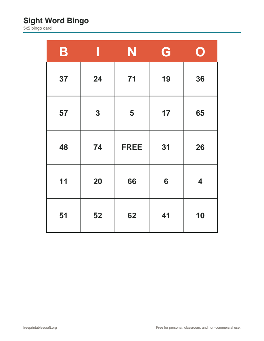 Preview of the sight word bingo printable PDF