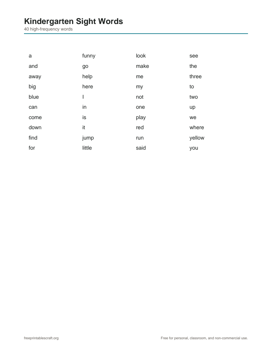 Preview of the kindergarten sight word list printable PDF