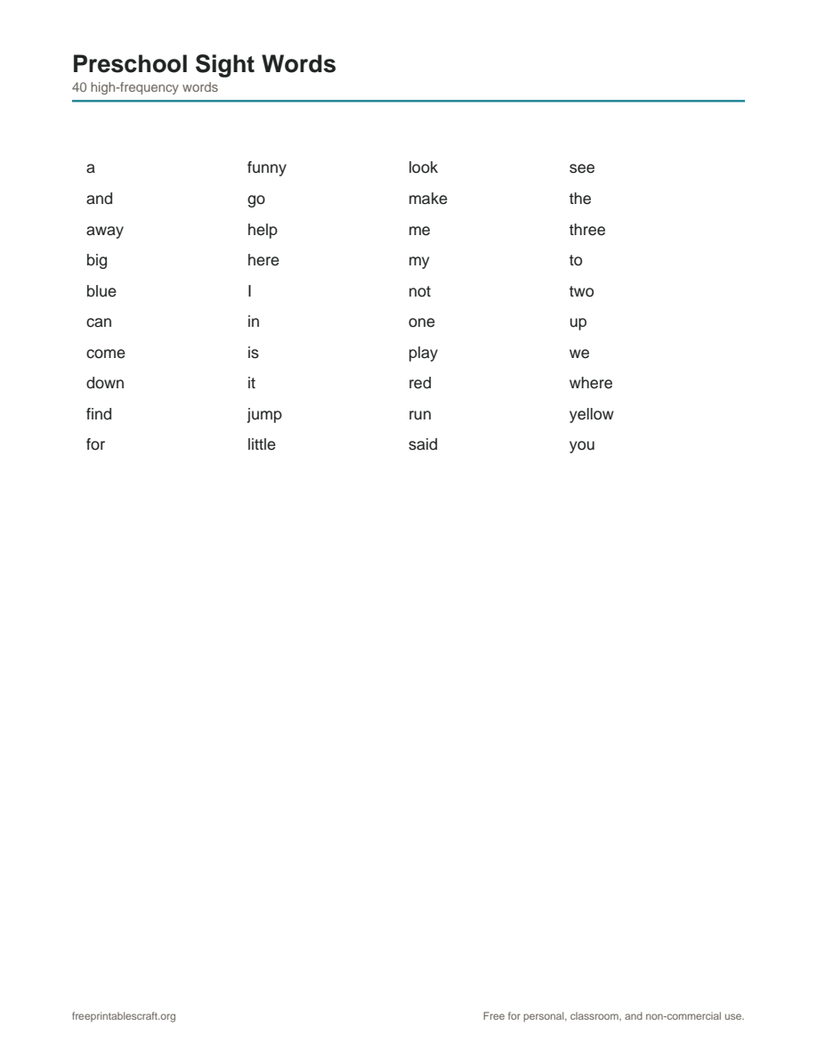 Preview of the preschool sight words printable PDF