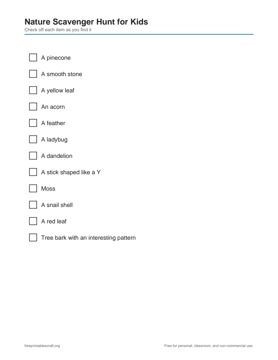 Preview of the nature scavenger hunt for kids printable PDF