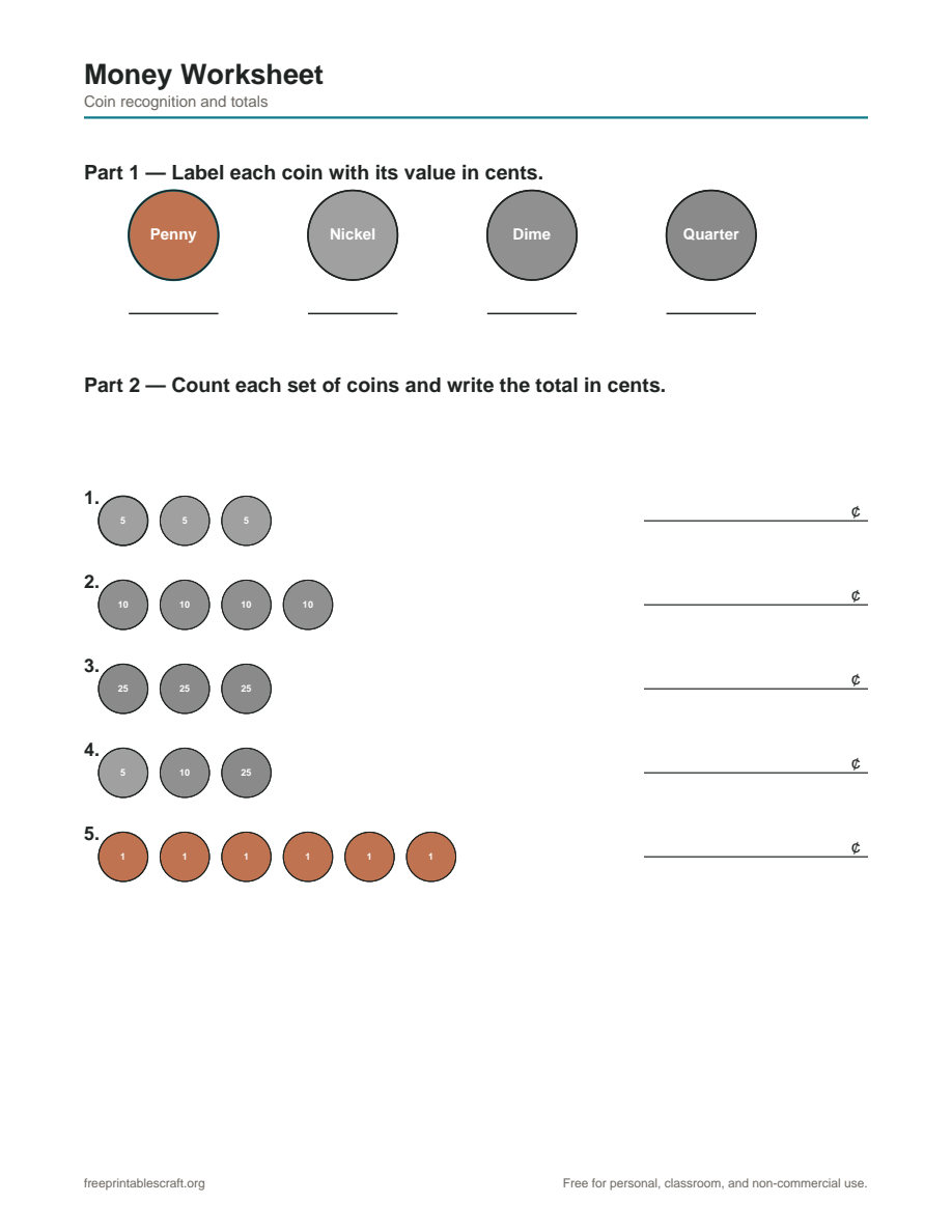 A money worksheet with a coin recognition section and five coin-counting problems