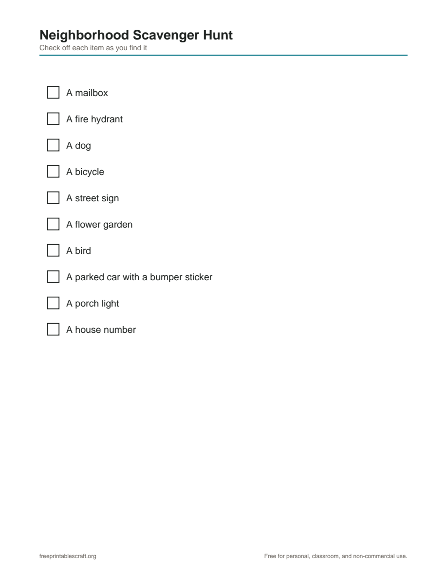 Preview of the neighborhood scavenger hunt printable PDF