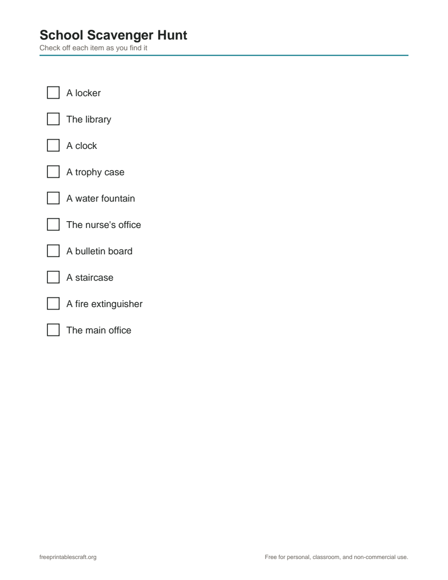 Preview of the school scavenger hunt printable PDF