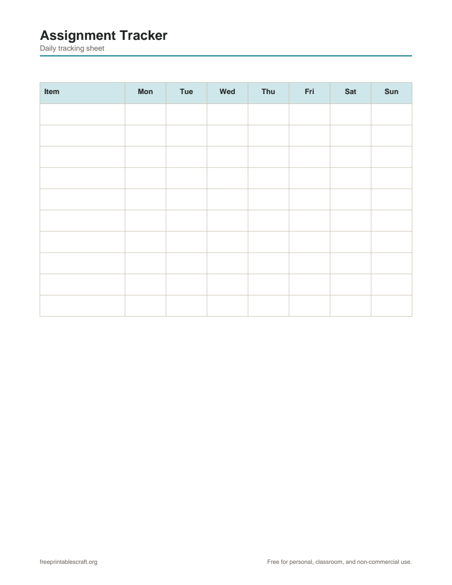 Preview of the assignment tracker printable PDF