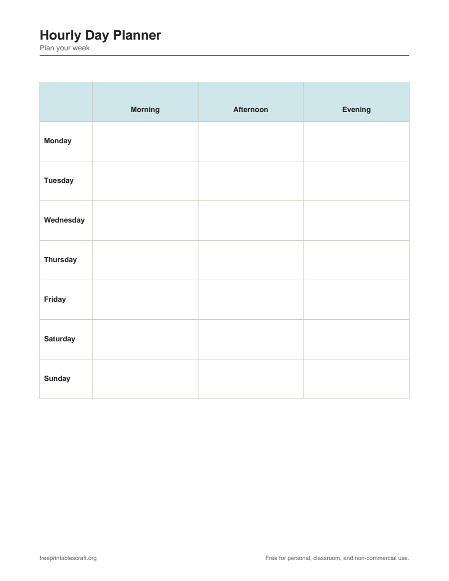 Preview of the hourly day planner printable PDF