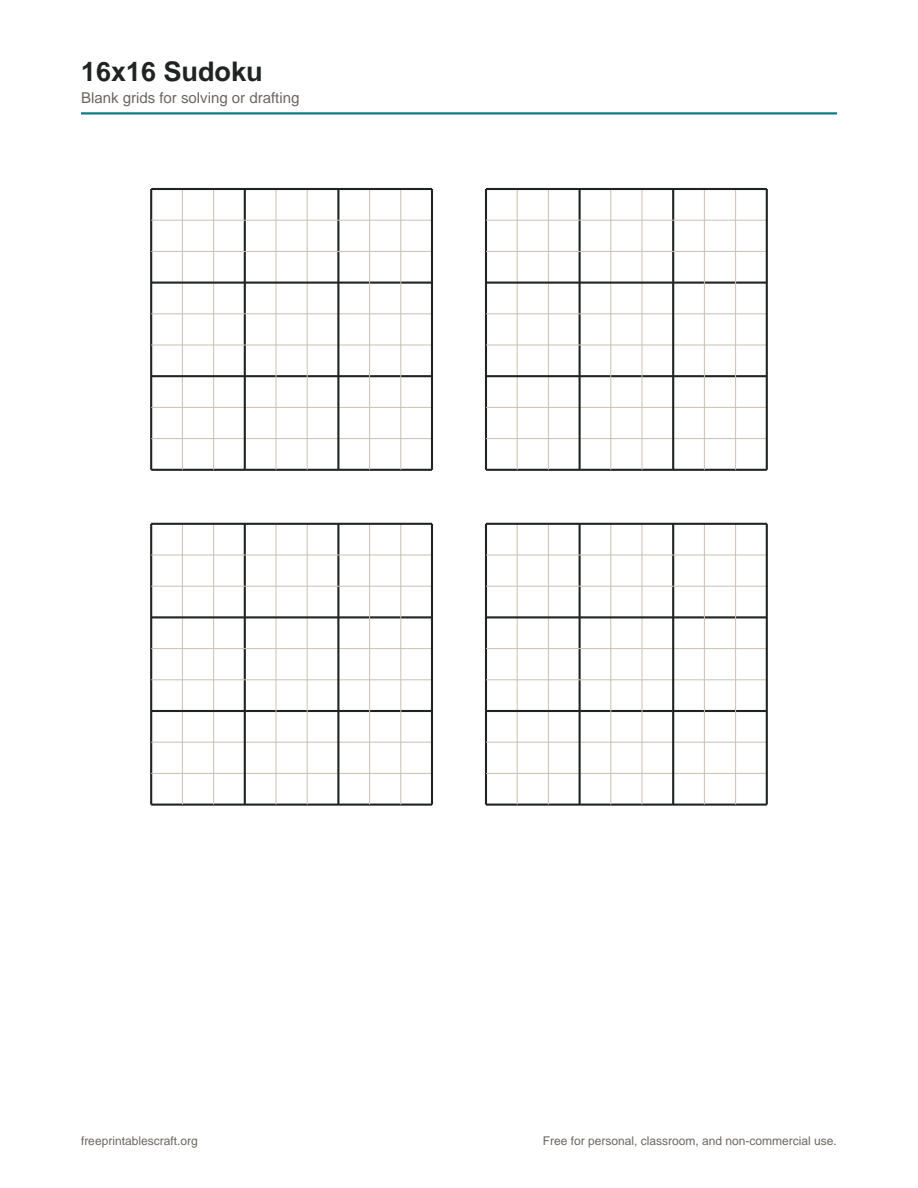 Preview of the 16x16 sudoku printable PDF