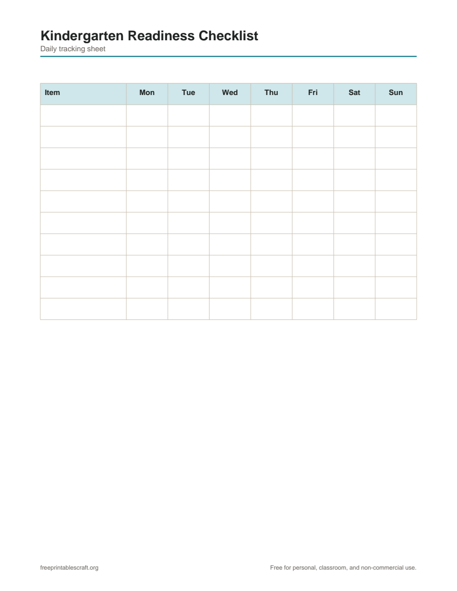 Preview of the kindergarten readiness checklist printable PDF