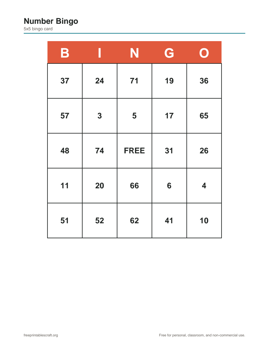 Preview of the number bingo printable PDF