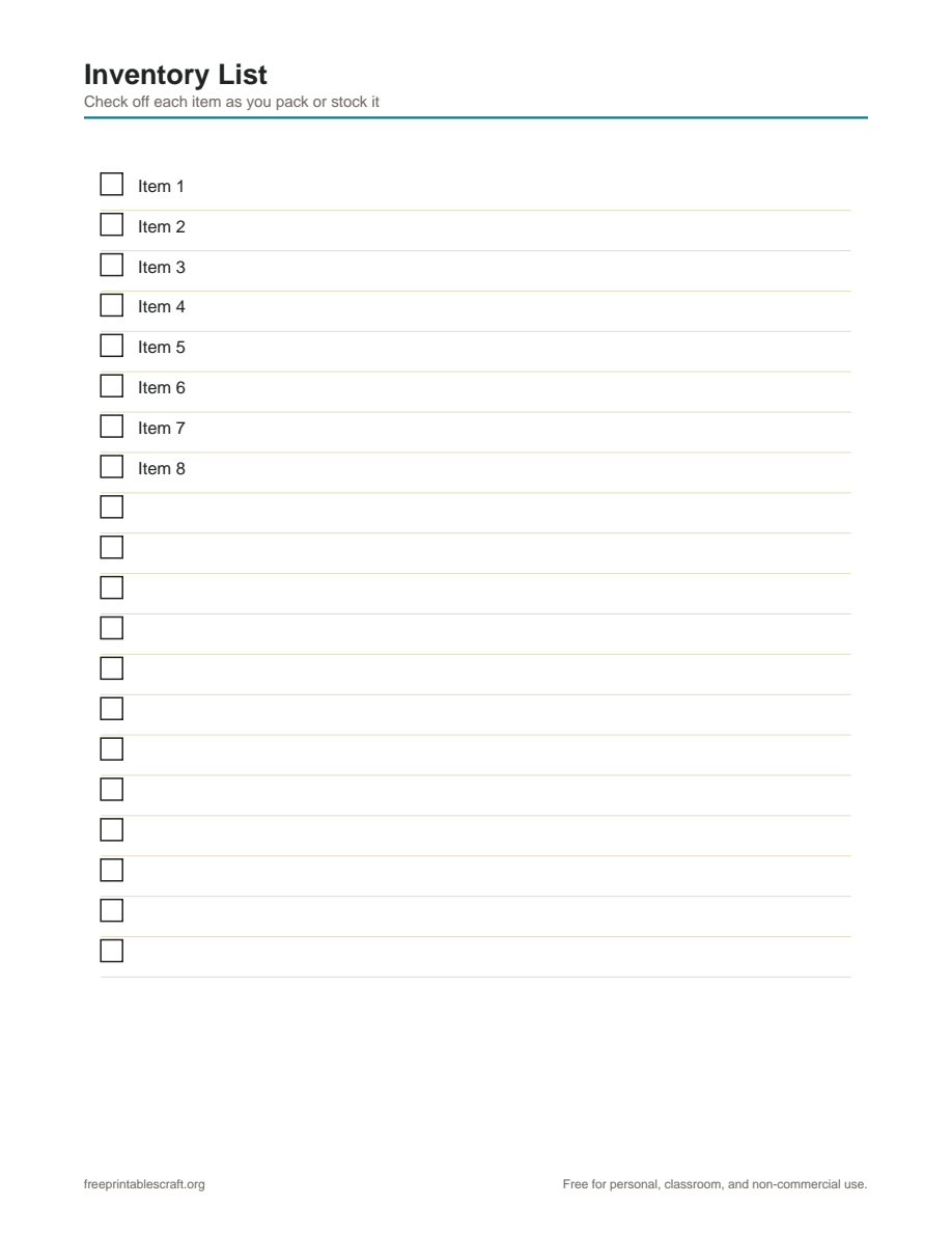 Preview of the inventory list printable PDF