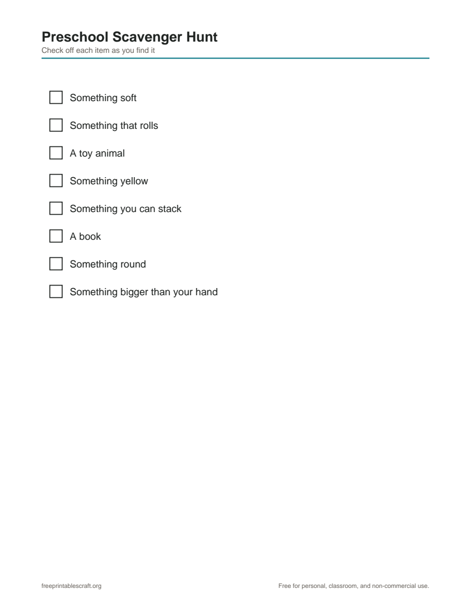 Preview of the preschool scavenger hunt printable PDF