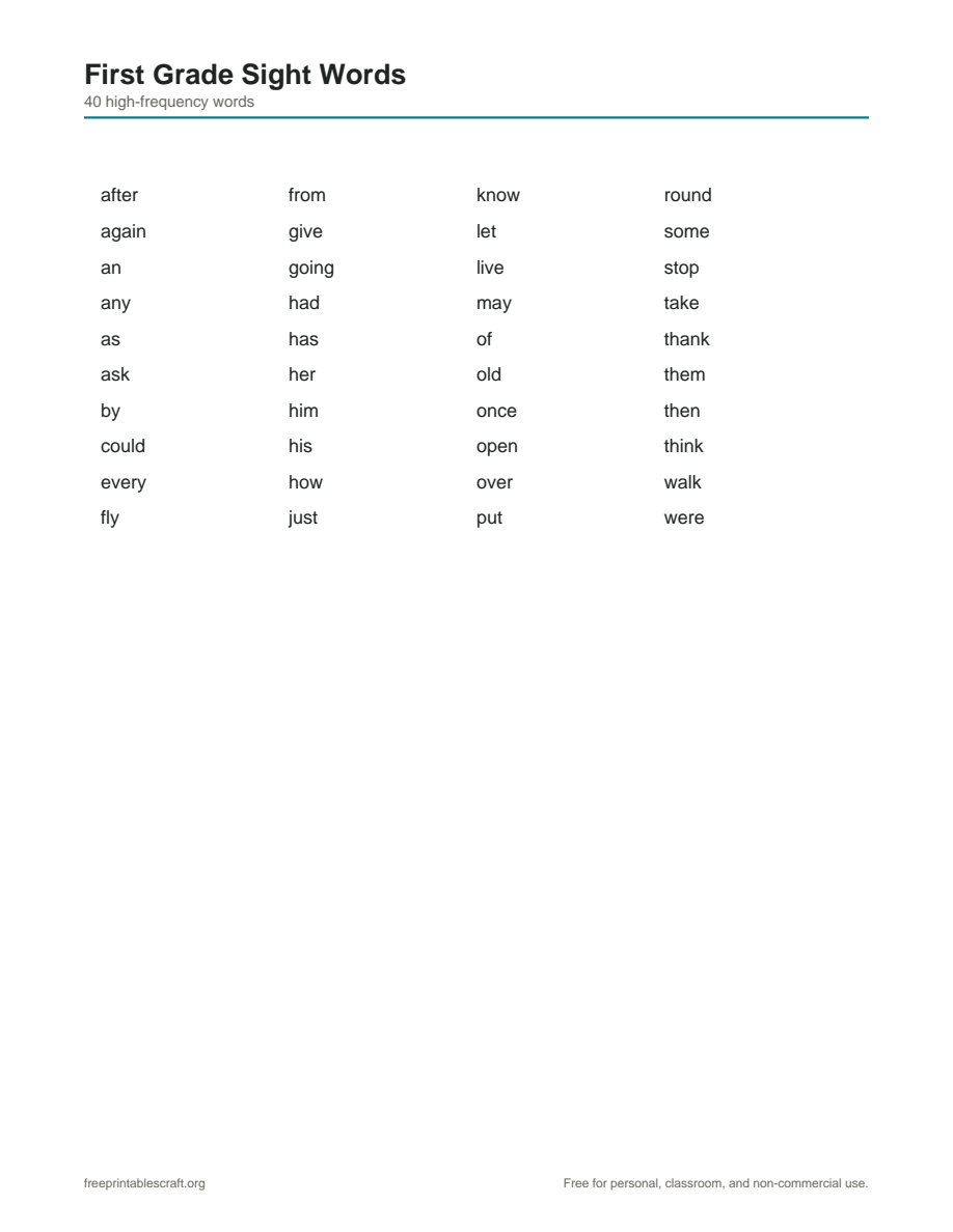 Preview of the first grade sight words list printable PDF