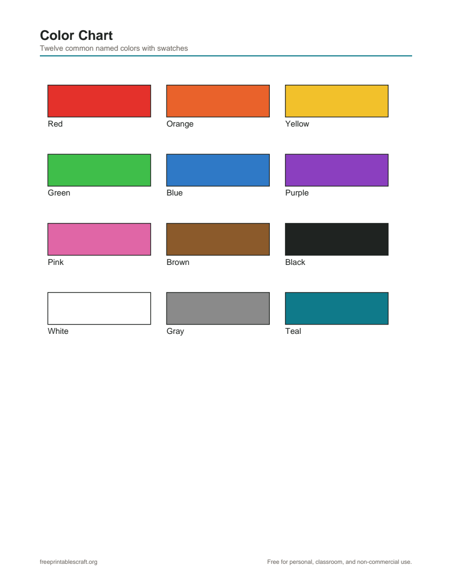 Preview of the color chart printable PDF