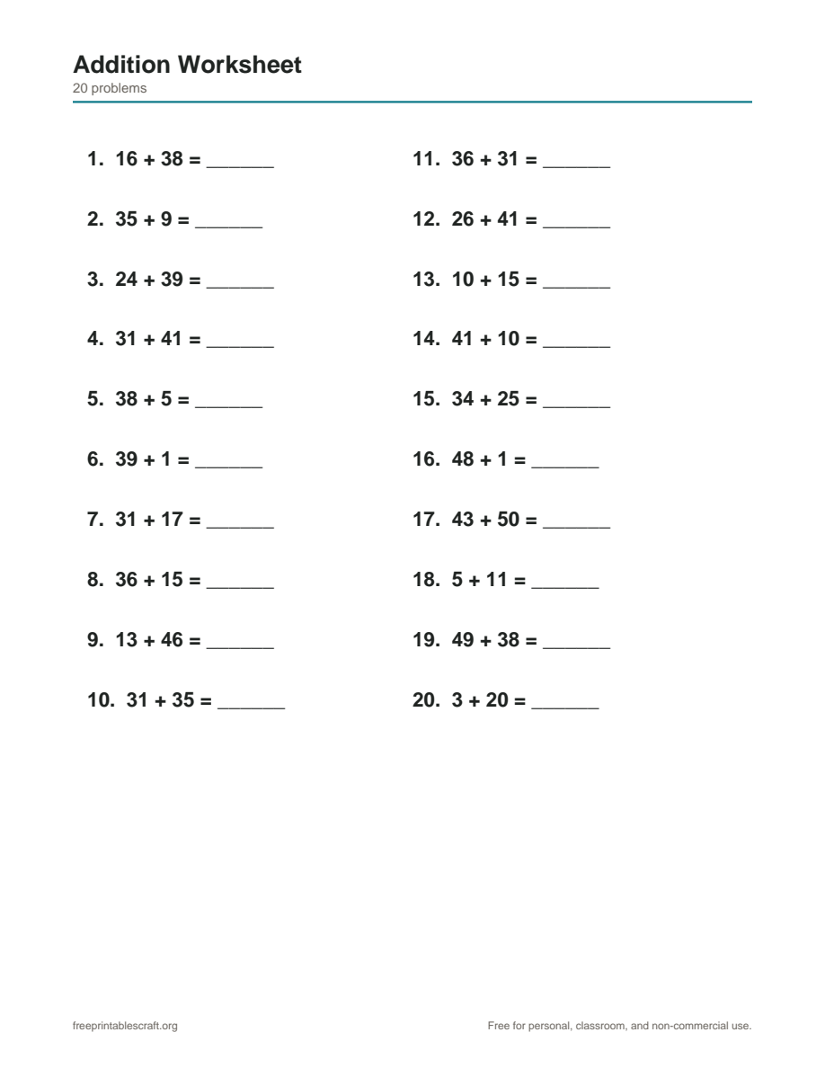 Preview of the math addition worksheets printable PDF