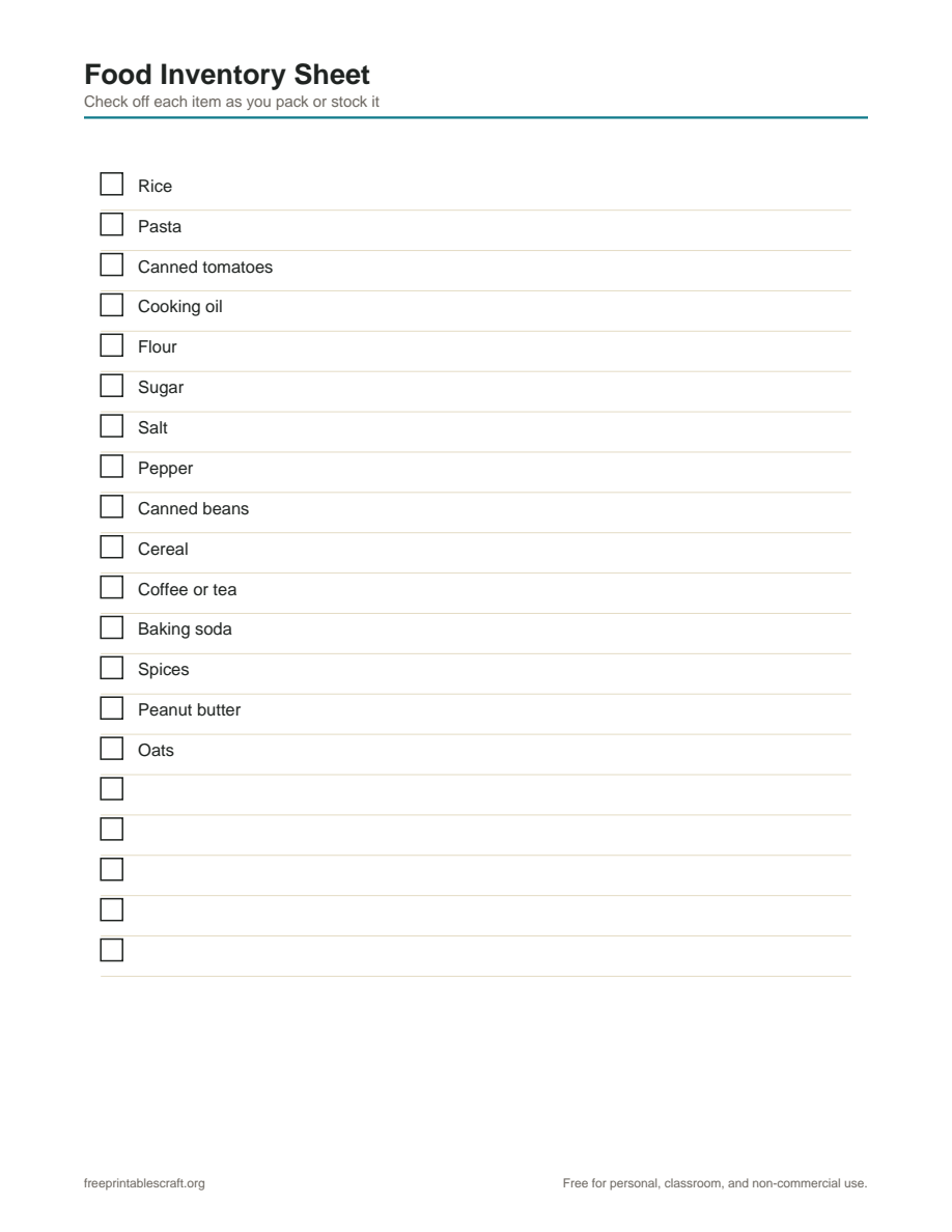 Preview of the blank food inventory sheet printable PDF