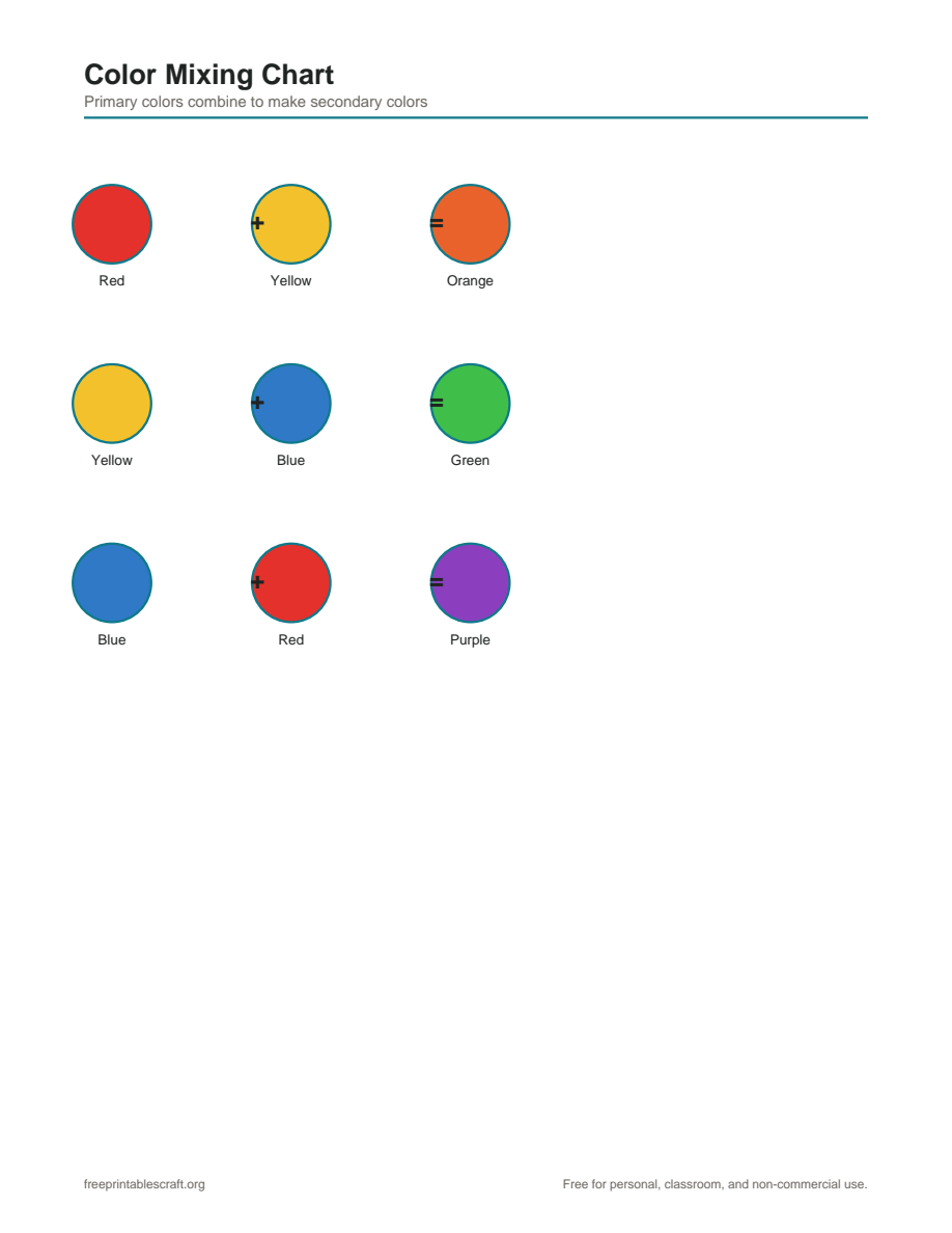 Preview of the color mixing chart printable PDF