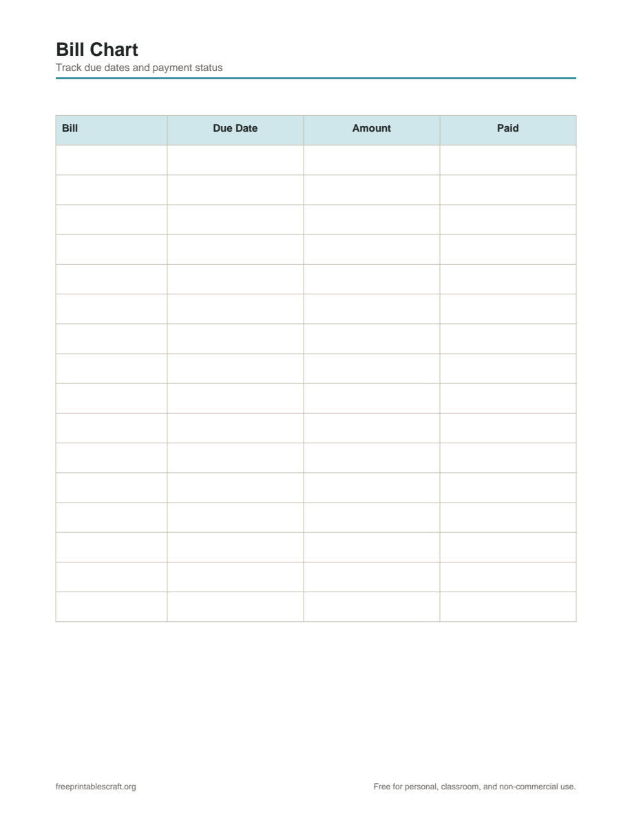 Preview of the bill chart printable PDF