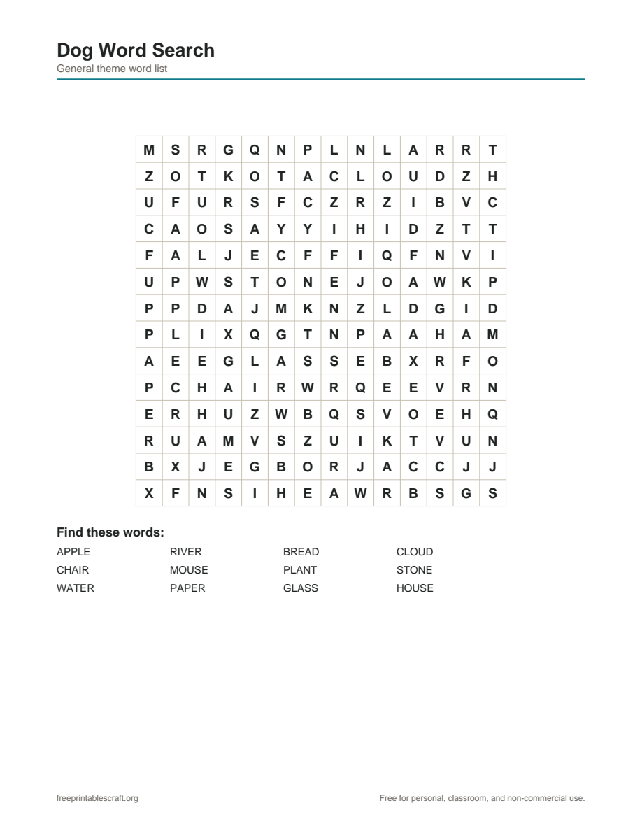 Preview of the dog word search printable PDF