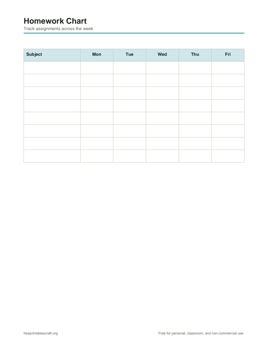 Preview of the homework chart printable PDF