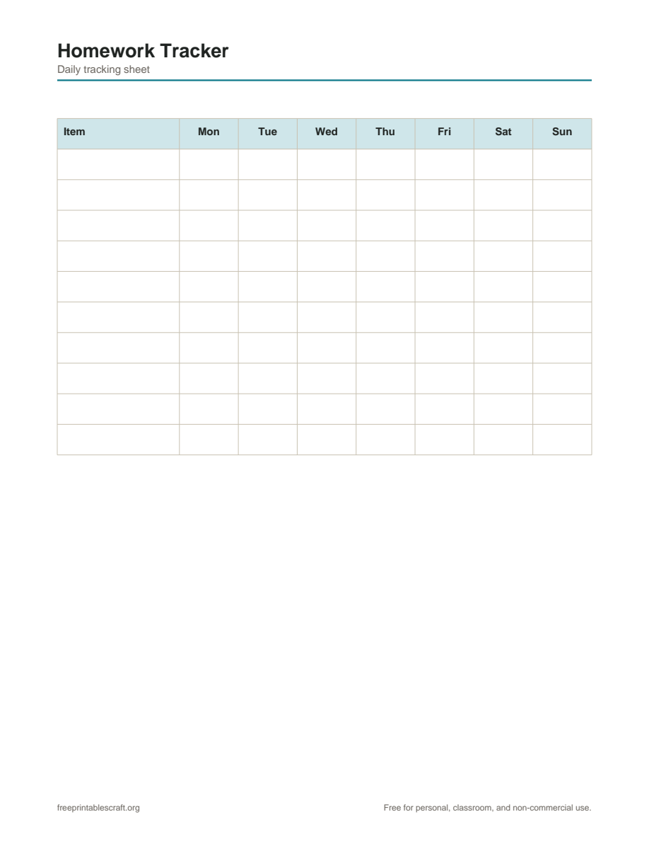 Preview of the homework tracker printable PDF